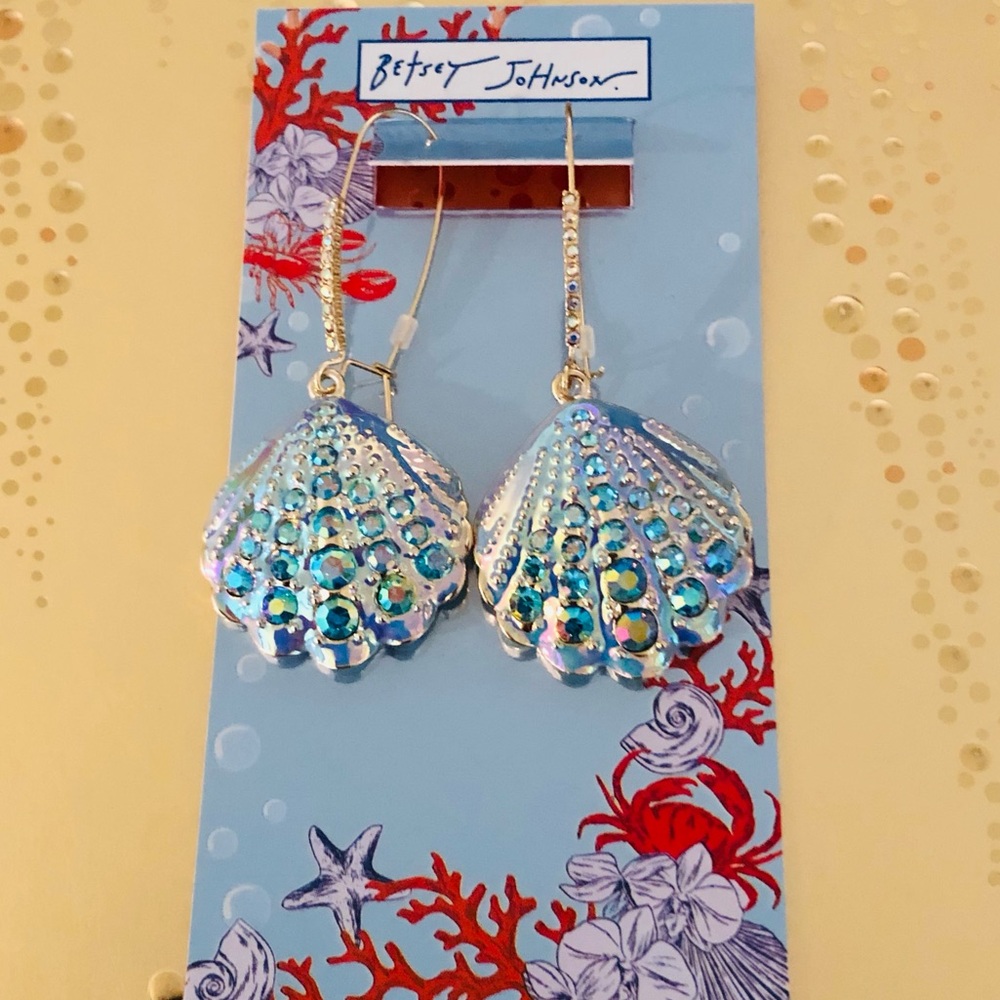 Authentic Betsey Johnson Earrings - Blue Tonal Seashell, Blue Crystals, NWT